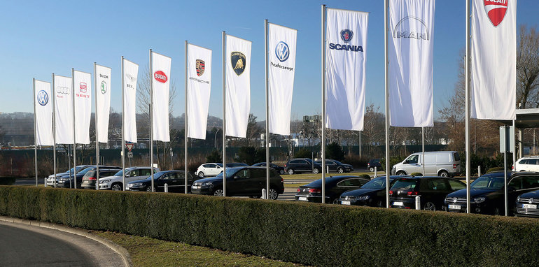 Volkswagen brands' flags at Wolfsburg plant